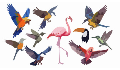 Fototapeta premium Colorful watercolor flying birds set with tropical and exotic species in dynamic artistic composition