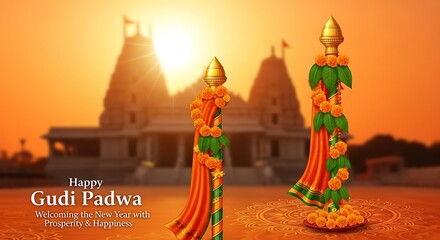 Fototapeta premium Gudi Padwa Celebration With Temple Background