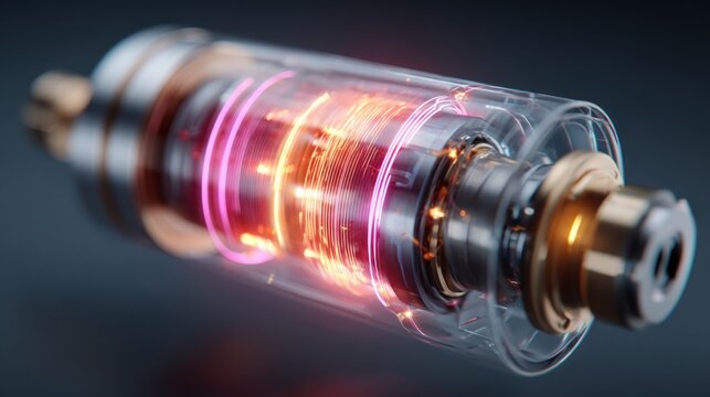 Close up of a transparent cylinder with glowing orange and pink coils and mechanical components