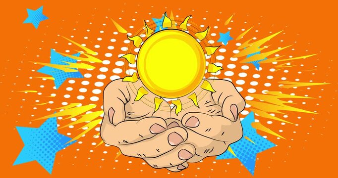 Cartoon, comic book human hands holding Sun. Retro video, comics pop art animation.