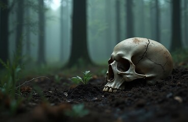 Obraz premium Human skull rests in damp forest soil next to sprouting green plant. Mist hangs in the air between dark tree trunks, symbolizing death and new life. This imagery can represent cycle of nature rebirth.