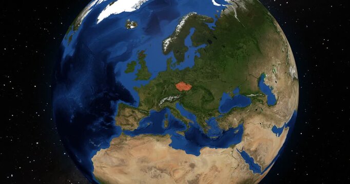 Czechia on the Globe. Zoom into the country with the Earth spinning in space. High detail physical world map with Czechia on it. Country view animation. Elements of this image furnished by NASA.