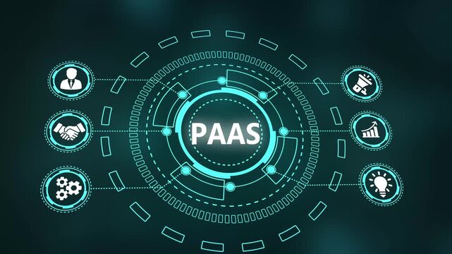 PAS Platform as a Service Digital Network Diagram with Central Text and Connected Icons on Dark Teal Background