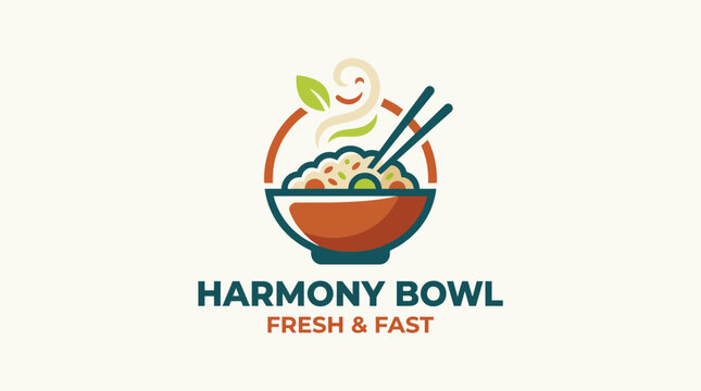 A vibrant logo depicting a bowl of noodles with chopsticks and steam, symbolizing speed and freshness in meal preparation, perfect for a fast-casual dining concept.