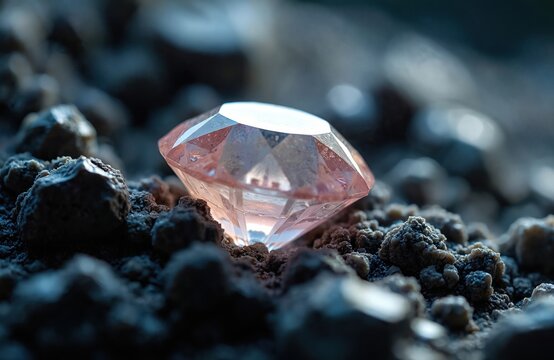 Pink diamond rests on dark rough earth and stones. Clear crystal gem sparkles with light. Precious natural gemstone found in mine. Luxury value and rarity.