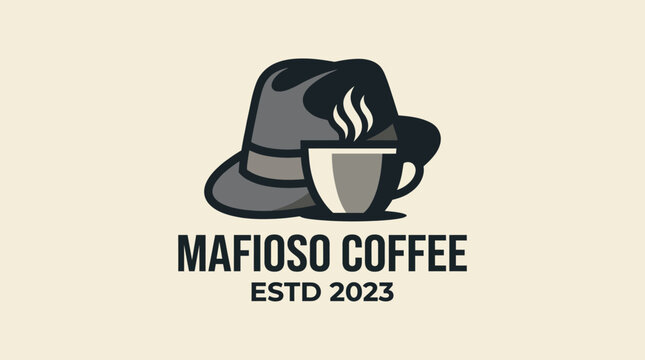 An artistic logo for Mafioso Coffee portraying a stylish hat and steaming coffee cup, encapsulating the vintage essence of a classic coffee shop experience.