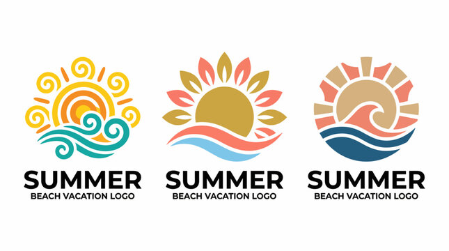 A bright collection of three summer-themed logos, each with unique sun and wave designs, perfect for promoting beach vacations and summer fun at coastal destinations.