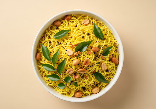 Traditional South Indian lemon vermicelli or semiya upma served in a white bowl with peanuts and curry leaves. Healthy breakfast dish with tangy flavor and aromatic tempering.