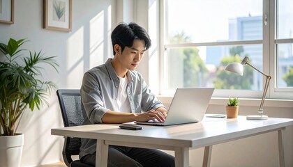 Fototapeta premium Minimal Home Office Workspace with Professional Using Laptop, Modern home office scene with a professional working on a laptop in a clean and minimal setup