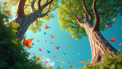 Colorful paper origami birds fly around large green trees against a bright blue sky. Many birds in various colors like orange pink yellow blue populate the scene. Natural scene with crafted elements.