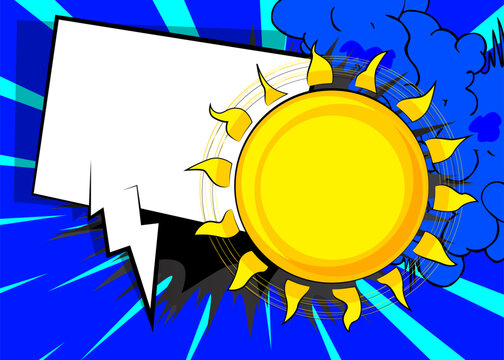Cartoon Sun with blank speech bubble, comic book Summer background. Retro vector comics pop art design.