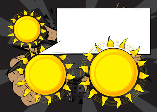 Cartoon Sun with blank speech bubble, comic book Summer background. Retro vector comics pop art design.