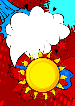 Cartoon Sun with blank speech bubble, comic book Summer background. Retro vector comics pop art design.