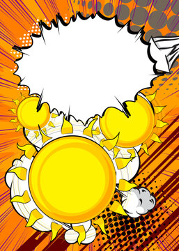 Cartoon Sun with blank speech bubble, comic book Summer background. Retro vector comics pop art design.