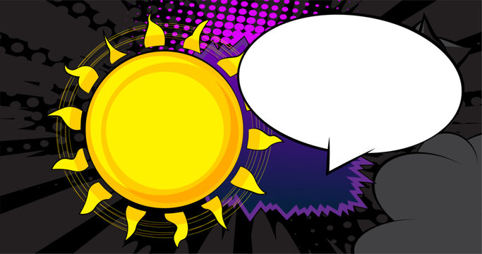 Cartoon Sun with blank speech bubble, comic book Summer background. Retro vector comics pop art design.