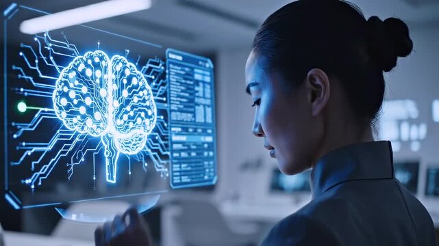 specialist examining holographic brain interface, female analyst reviewing neural data on futuristic screen, neuroscience diagnostics, ai monitoring and medical technology concept