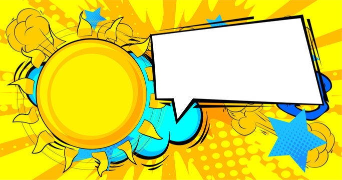 Cartoon Sun with blank speech bubble, comic book Summer background. Retro vector comics pop art design.