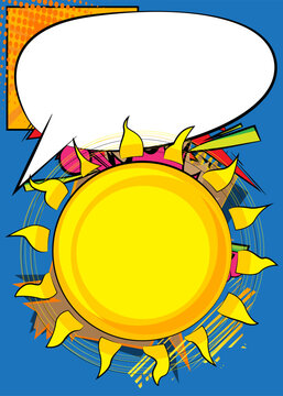 Cartoon Sun with blank speech bubble, comic book Summer background. Retro vector comics pop art design.