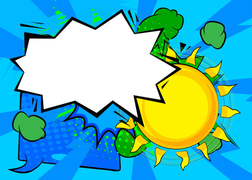 Cartoon Sun with blank speech bubble, comic book Summer background. Retro vector comics pop art design.
