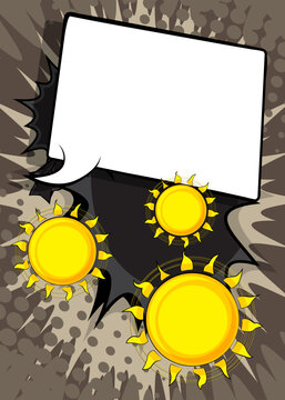 Cartoon Sun with blank speech bubble, comic book Summer background. Retro vector comics pop art design.