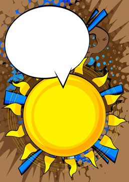 Cartoon Sun with blank speech bubble, comic book Summer background. Retro vector comics pop art design.