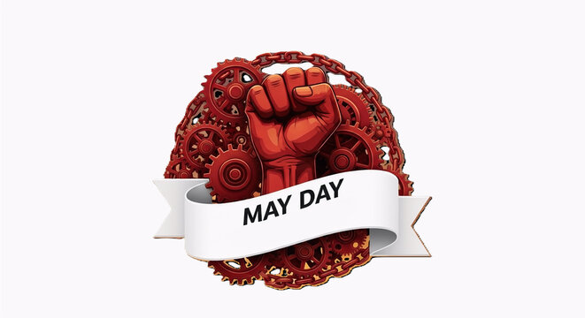 May Day, protest fist, red gear, industrial symbol, labor rights