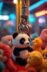 Naklejka premium Panda plush toy sits in claw machine filled with stuffed animals. Crane game targets prizes with bright colorful lights. Player aims for win in arcade.
