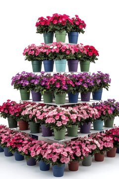 A tiered metal display stand filled with vibrant blooming flowers in various colorful garden pots