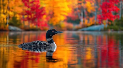 Obraz premium Loon Swimming in Autumn Reflections