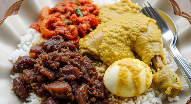 Javanese Traditional Rice Dish with Curry Chicken and Braised Egg