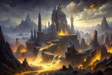 Naklejka premium Fantasy castle on dark hill with winding road, mountains and glowing fire, dramatic landscape scene. g.
