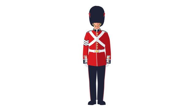 Illustration of a British guard in a red uniform with white accents and a black bearskin hat on a plain white background.