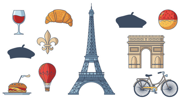 Collage of iconic Parisian symbols including Eiffel Tower, Arc de Triomphe, bicycle, food, and berets against a clean white background with a mix of colorful illustrations.
