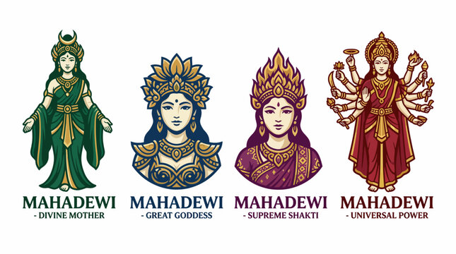 A stunning collection presenting four artistic representations of Mahadewi, showcasing her divine attributes and cultural significance within a rich narrative of femininity and strength.
