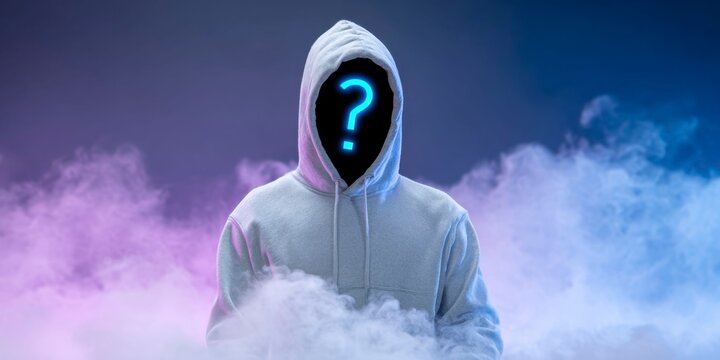 a person in a grey hoodie with a question mark on their head, surrounded by smoke against a dark background, with blue neon light