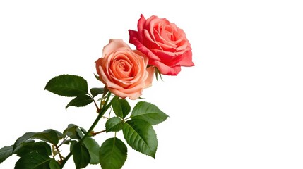 Naklejka premium Two beautiful peach and pink rose flowers with green leaves isolated on a clean white background