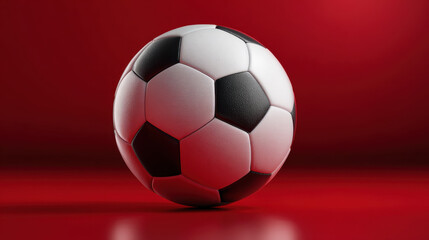 Fototapeta premium Classic black and white soccer ball resting on reflective red surface with dramatic studio lighting and shallow depth of field, sporty mood and clean minimal composition