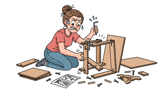 Stressed woman struggling with flat-pack furniture assembly. DIY frustration concept.