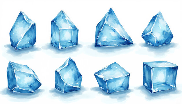 Collection of blue ice cubes and shards illustrated on white background. Pieces have geometric shapes and shiny transparent surfaces, good for winter themes.