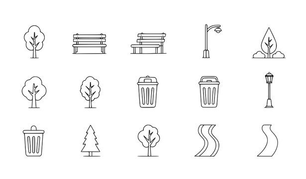 A set of minimalist line art icons depicting park and garden elements