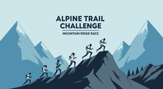 Alpine Trail Challenge: Athletes Conquer Mountain Ridgeline In Dynamic Illustration
