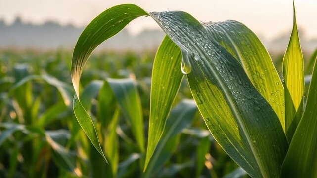 Green corn plants in a field.