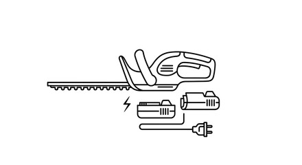 Obraz premium Cordless Hedge Trimmer with Battery and Charger Icon - Garden Tool Line Art