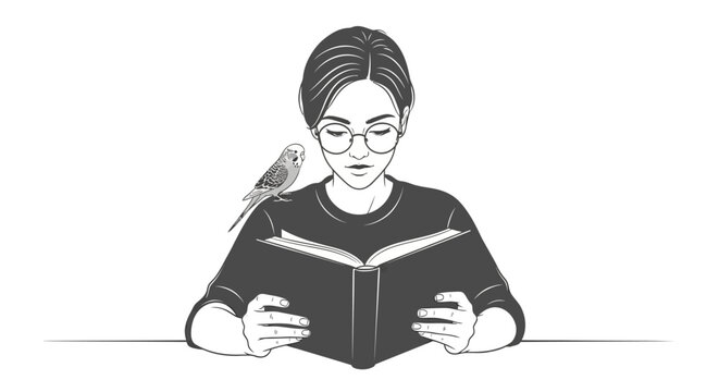 Woman wearing glasses reading book with parakeet on shoulder