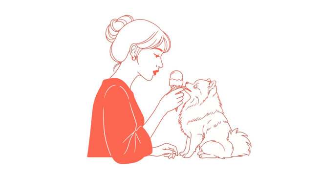 Woman feeding ice cream to her fluffy dog showing friendship
