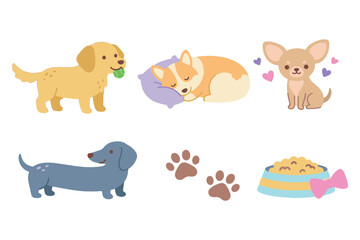 Fototapeta premium Adorable Dog Breeds Character Set, Cute Puppy Poses with Corgi Chihuahua and Dachshund Flat Vector Illustration