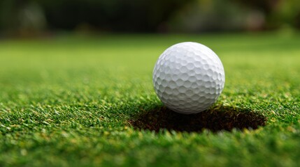 Obraz premium Close-up of a white golf ball balancing on the edge of a cup on a putting green with sunlight and realistic shadows, perfect for sports, leisure, and golf concept visuals