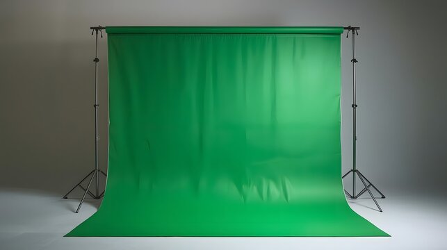 A professional portable green screen setup with a taut, wrinkle-free fabric background stands ready for digital production in a minimalist studio.