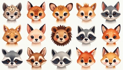 Obraz premium Collection of cute cartoon animal faces including foxes, raccoons, and cheetah cubs. Artwork for children books, posters and kids room decor. Small mammals with big eyes look friendly.