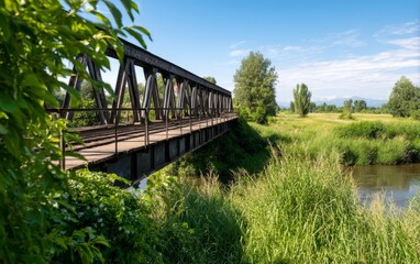 Fototapeta premium Vintage Iron Railway Bridge Over Countryside Stream Surrounded by Nature